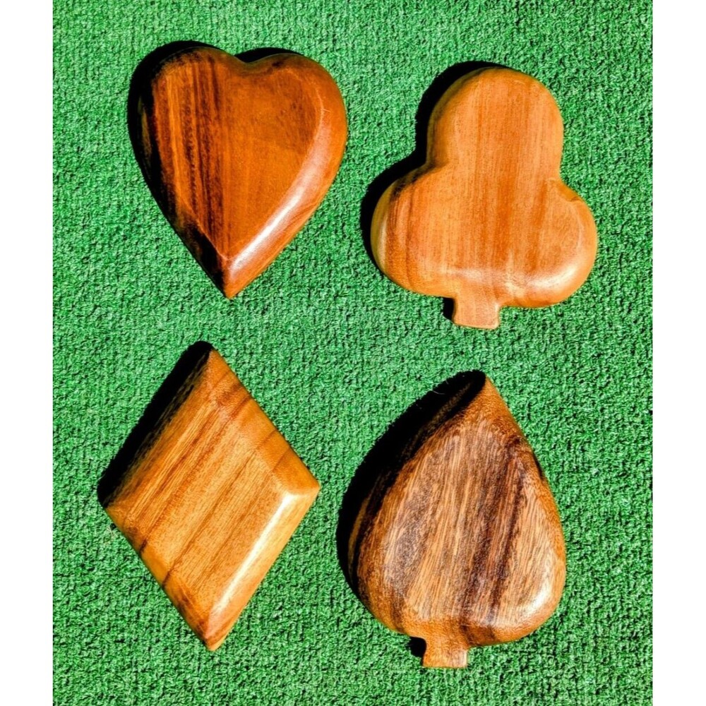 Wooden Bowls Heart Club Spade Diamond Playing Card Suits Monkey Pod Wood 4pc Set - Picture 3 of 8